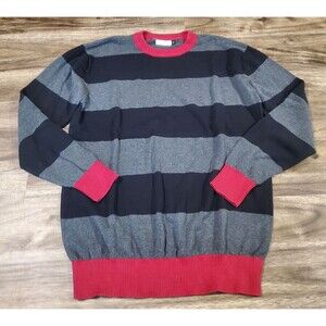 Chain Stitch Men's Large Sweater 100% Cotton Black Gray Red Stripes